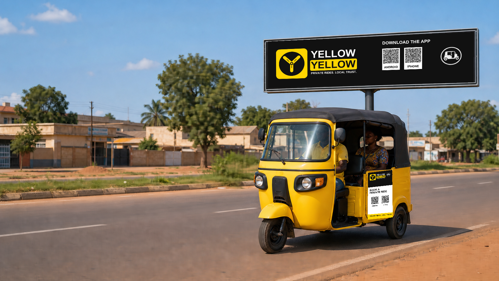 A clean Yellow Yellow tricycle carrying a private passenger past a Yellow Yellow billboard in Tamale